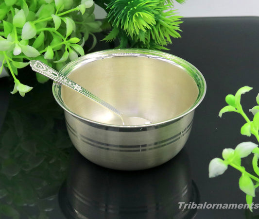 999  fine solid silver handmade bowl tray for baby food, pure silver vessels, silver utensils, home and kitchen accessories india sv28 - TRIBAL ORNAMENTS