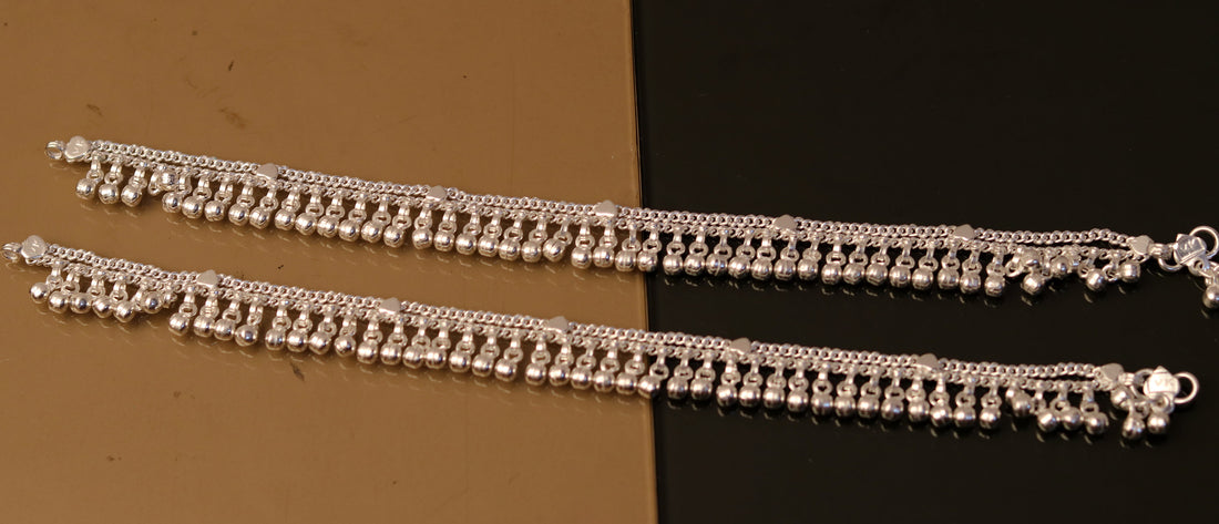 10.5" long handmade sterling silver gorgeous ankle bracelet, nice noisy hanging bells charm anklets for girls women's belly dance ank174 - TRIBAL ORNAMENTS