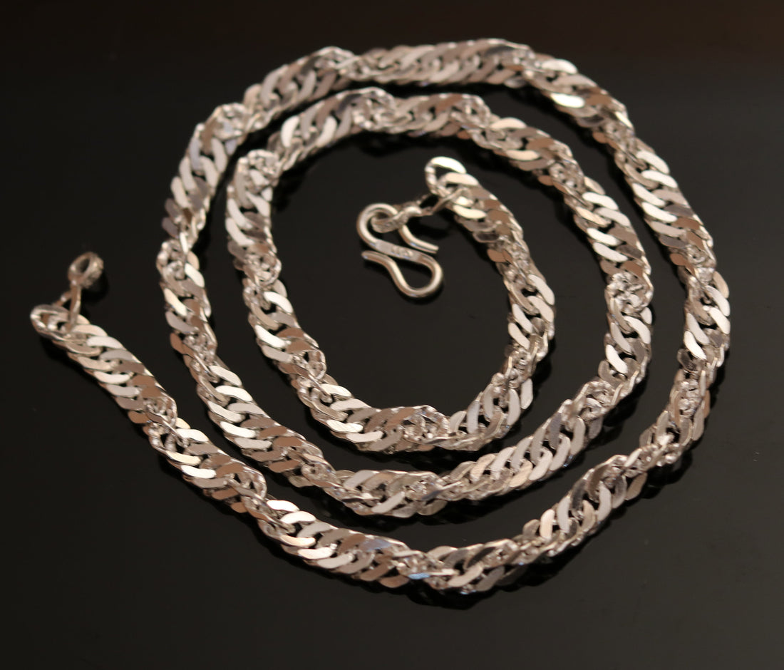 24 inches long handmade solid sterling silver gorgeous cuban link chain necklace, excellent gifting daily use jewelry from india ch74 - TRIBAL ORNAMENTS
