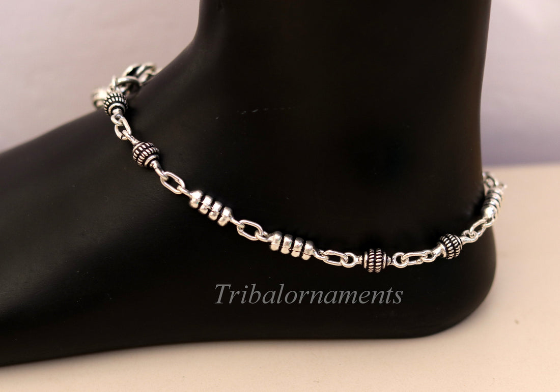 10.5" 925 sterling silver beaded ankle bracelet amazing stylish belly dance anklets gorgeous gifting custom made ankle bracelet ank175 - TRIBAL ORNAMENTS