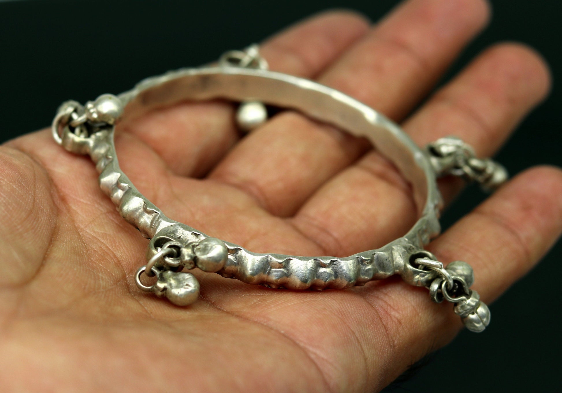 Genuine Vintage antique handmade solid silver old used charm bangle bracelet with jingle bells tribal customized belly dance jewelry sba20 - TRIBAL ORNAMENTS