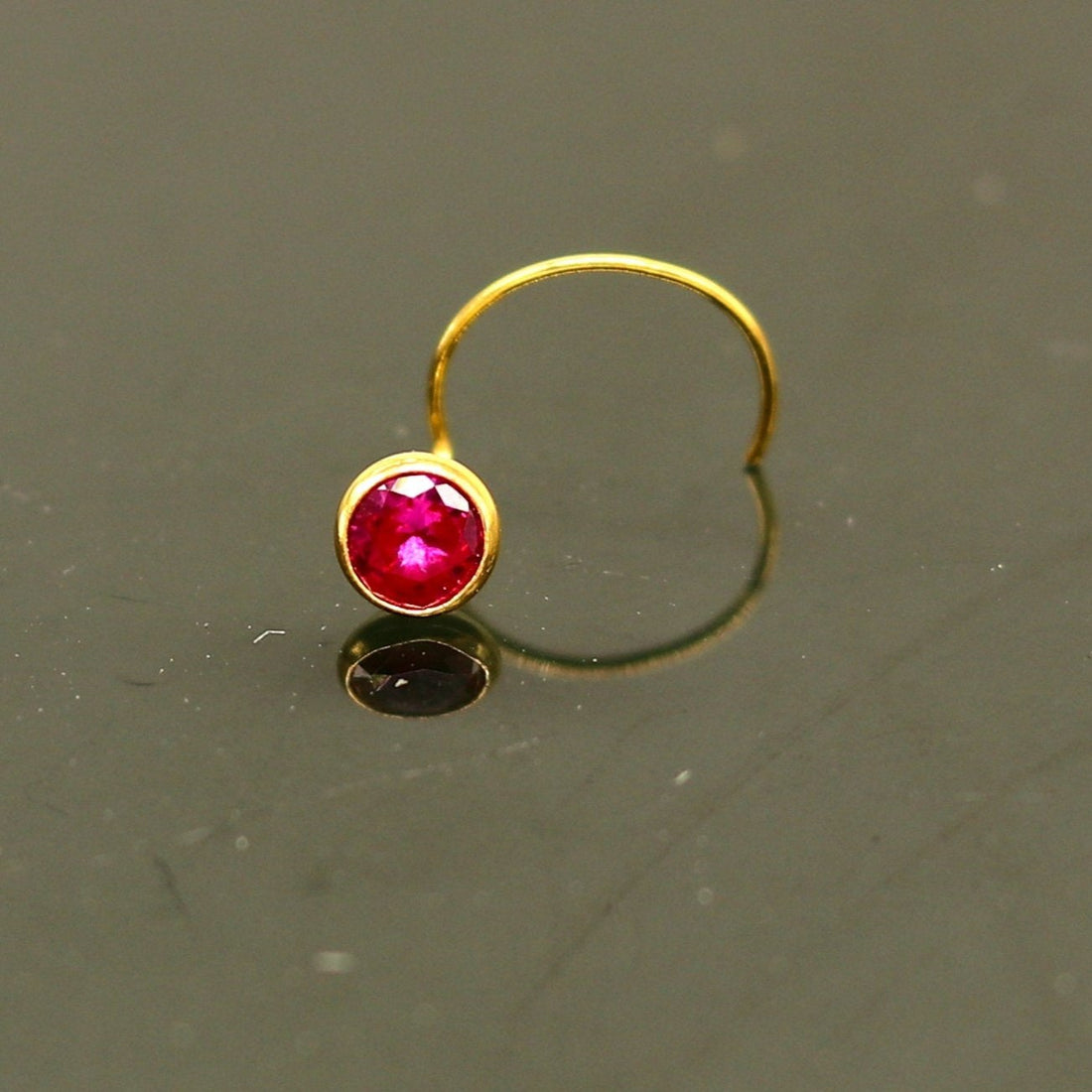 3.5mm tiny 18kt yellow gold handmade single stone nose pin U band nose stud cartilage customized pretty red stone jewelry gnp31 - TRIBAL ORNAMENTS