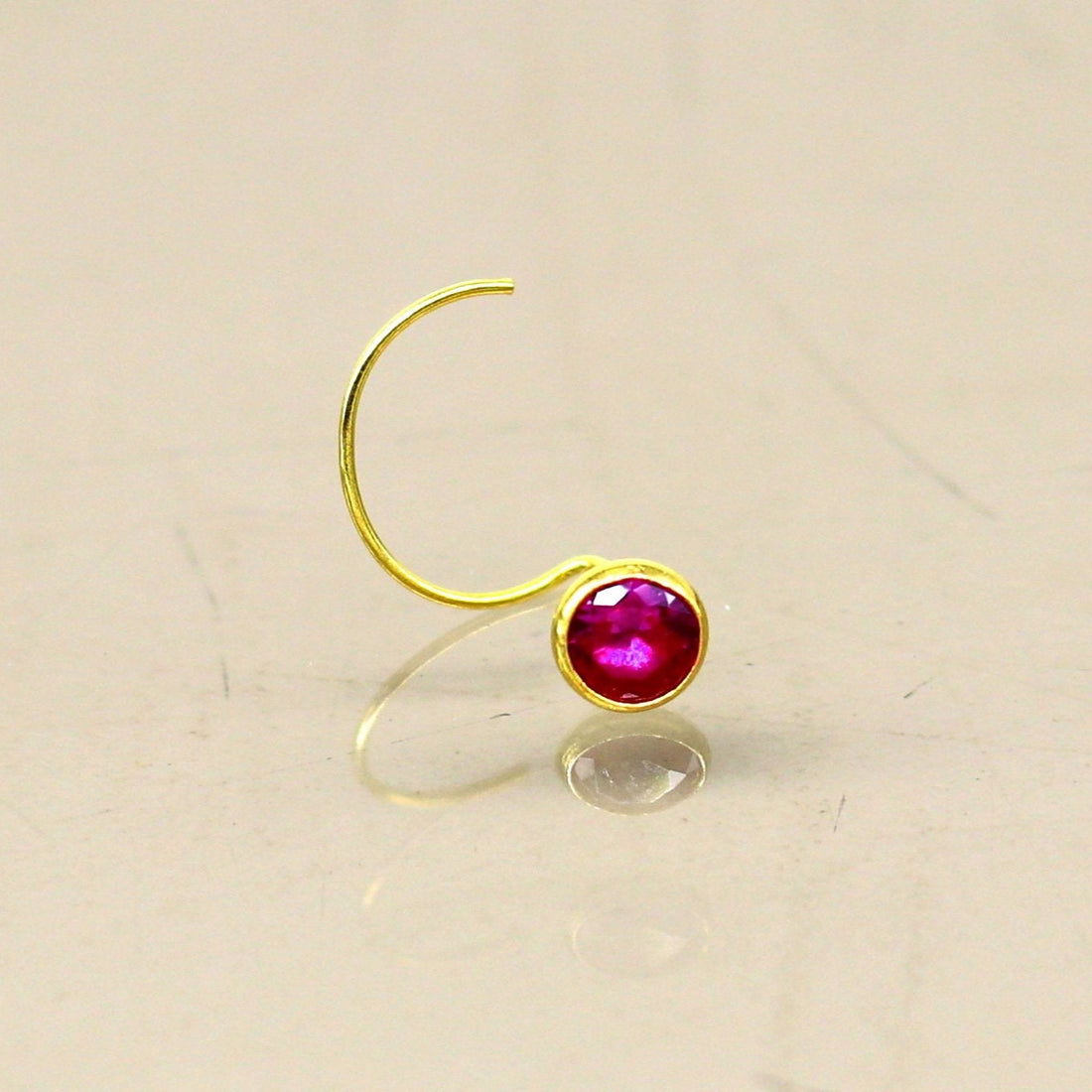 3.5mm tiny 18kt yellow gold handmade single stone nose pin U band nose stud cartilage customized pretty red stone jewelry gnp31 - TRIBAL ORNAMENTS