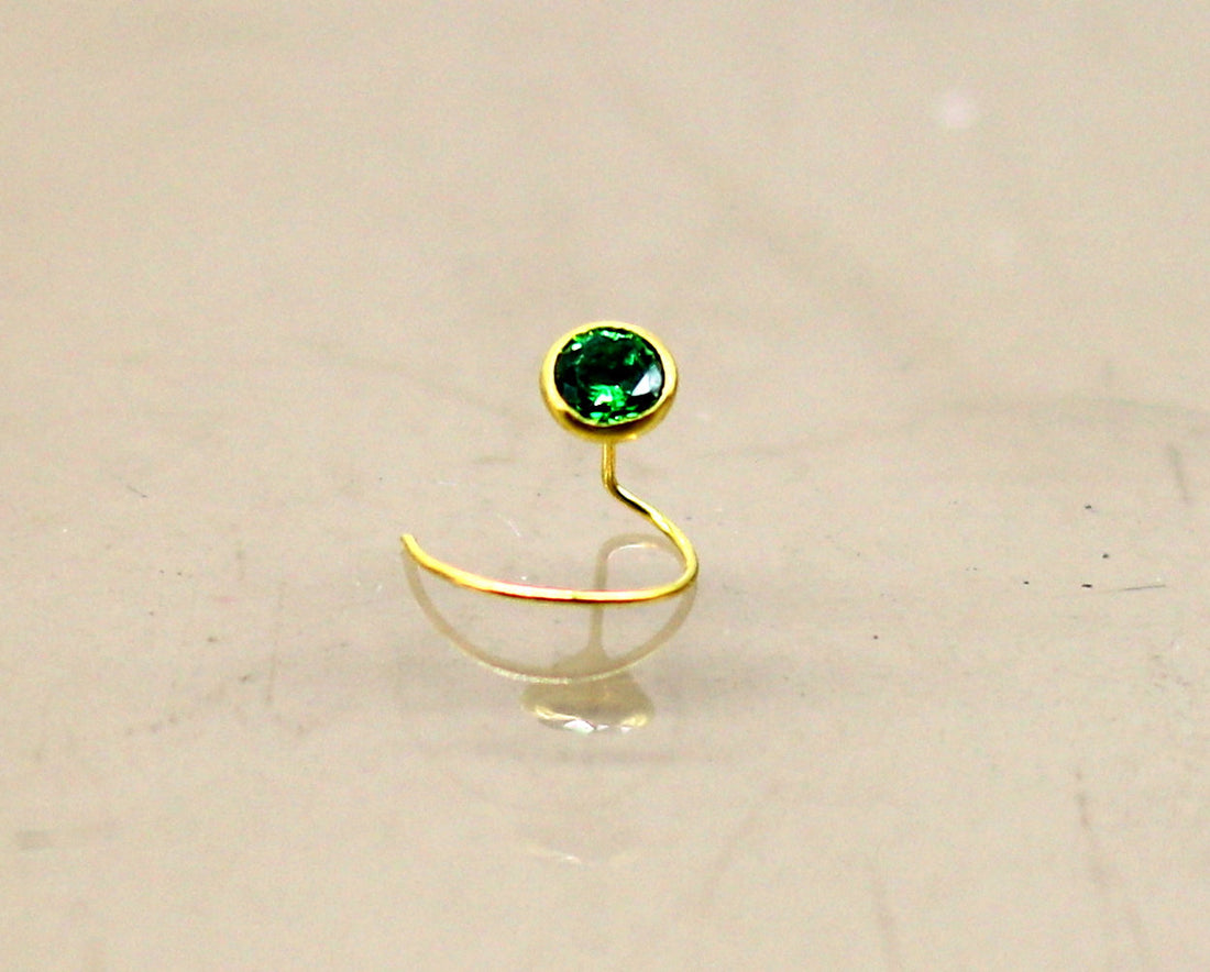 3.5mm tiny 18kt yellow gold handmade single stone nose pin U band nose stud cartilage customized pretty green stone jewelry gnp32 - TRIBAL ORNAMENTS