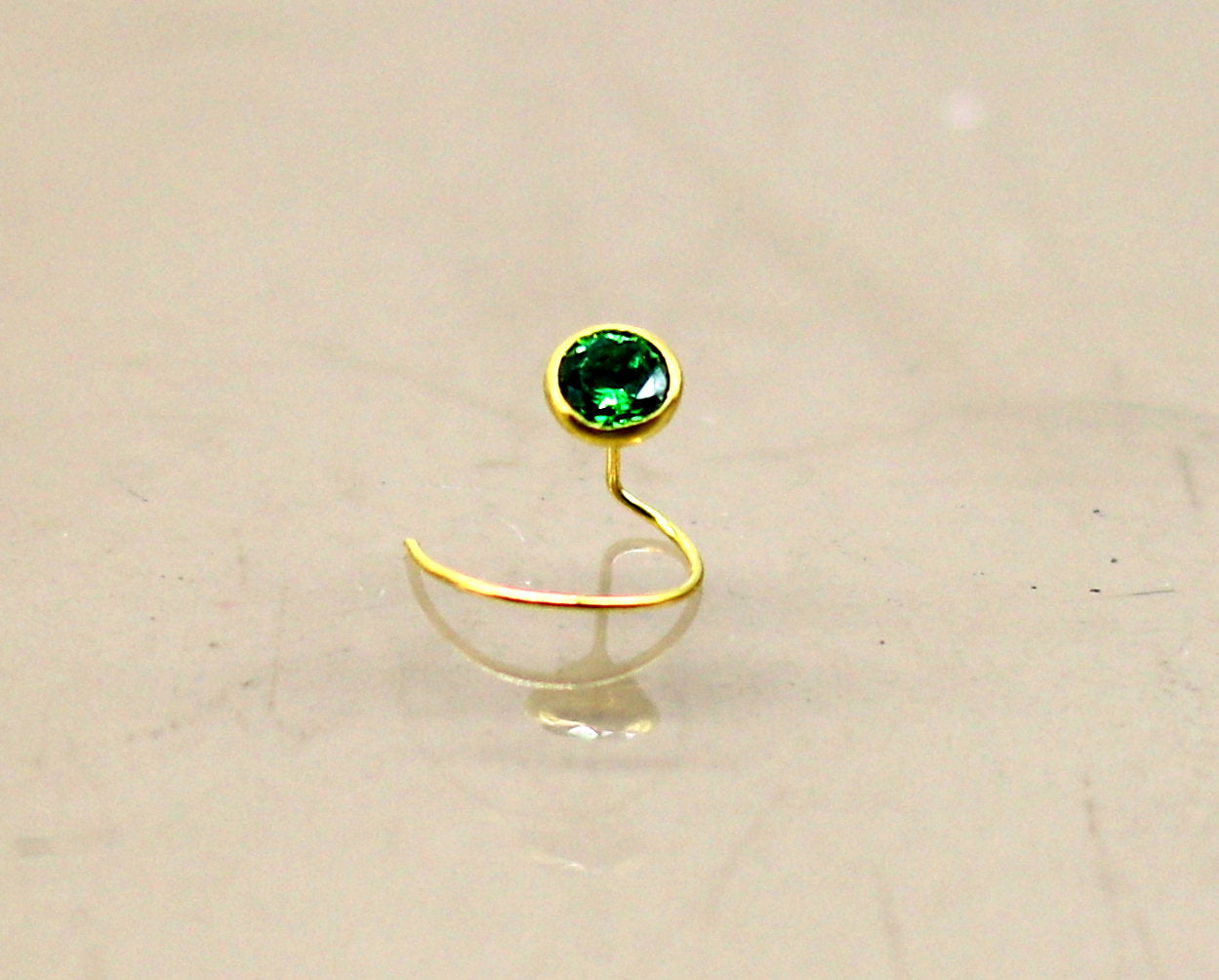 3.5mm tiny 18kt yellow gold handmade single stone nose pin U band nose stud cartilage customized pretty green stone jewelry gnp32 - TRIBAL ORNAMENTS