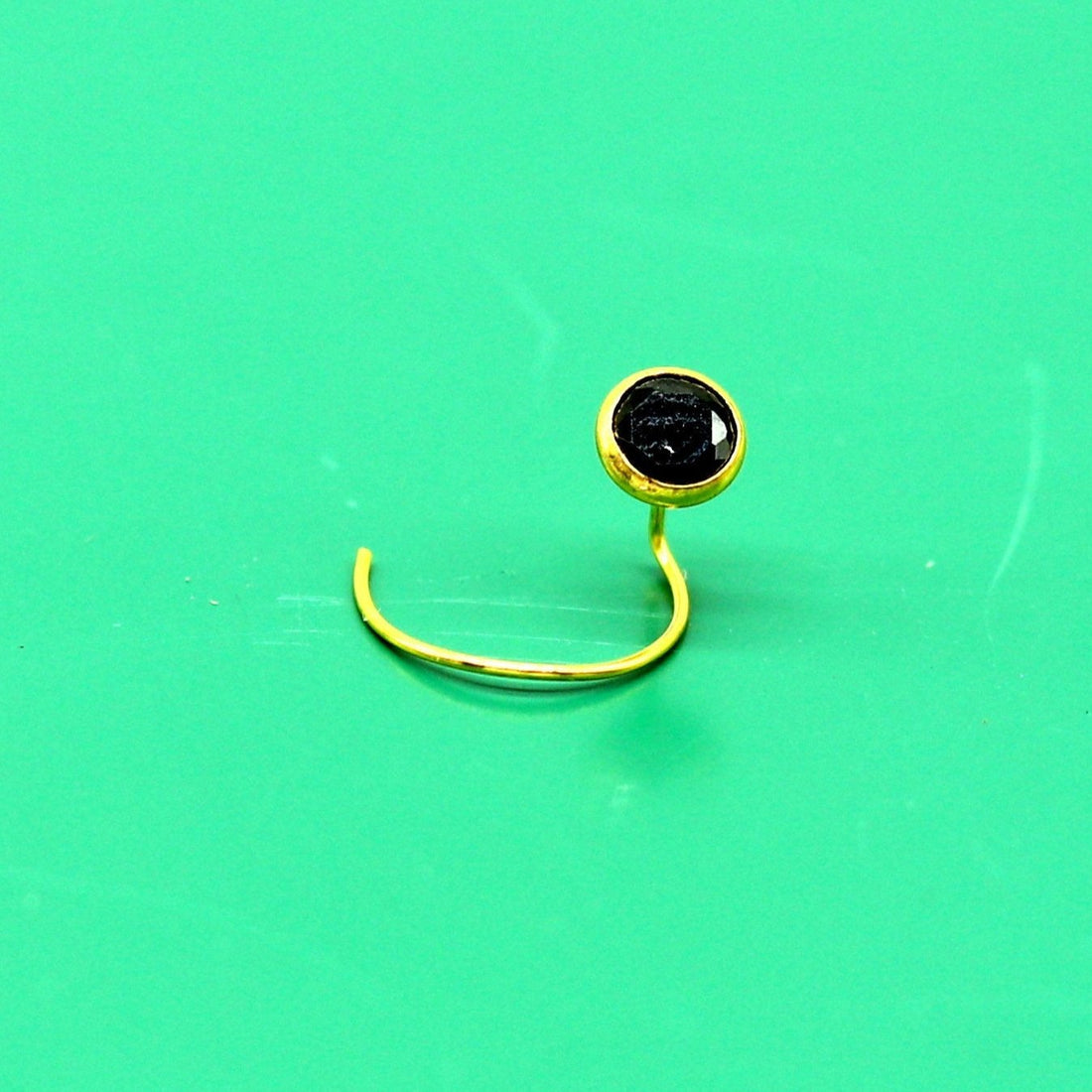 3.5mm tiny single black stone 18kt yellow gold handmade nose pin, excellent U band nose plug, nose wire, cartilage jewelry for girl's gnp33 - TRIBAL ORNAMENTS