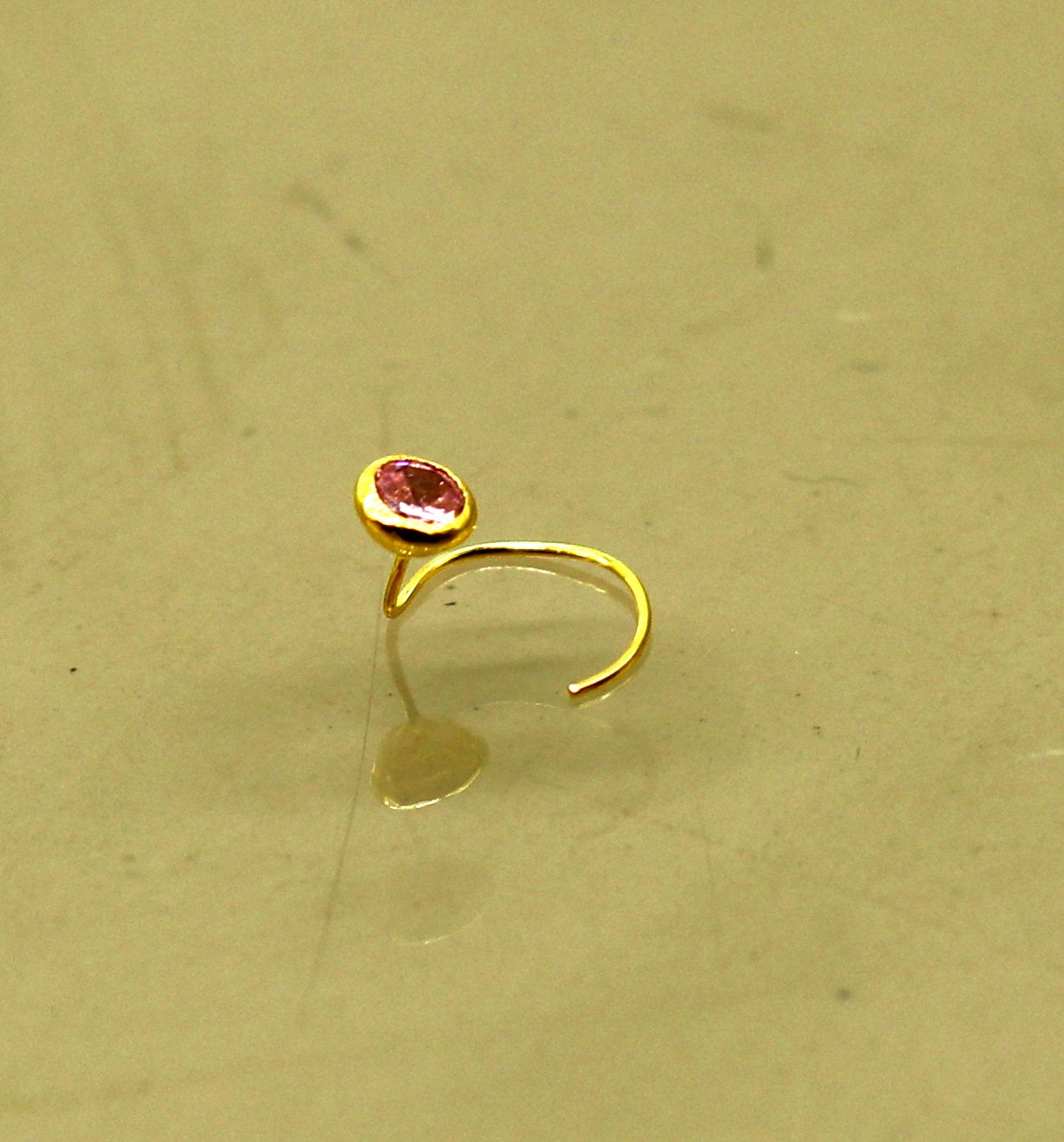 3.5mm tiny single pink stone 18kt  yellow gold handmade nose pin, excellent L band nose plug, nose wire, cartilage jewelry for girl's gnp34 - TRIBAL ORNAMENTS