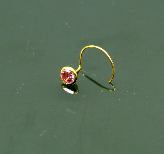 3.5mm tiny single pink stone 18kt  yellow gold handmade nose pin, excellent L band nose plug, nose wire, cartilage jewelry for girl's gnp34 - TRIBAL ORNAMENTS