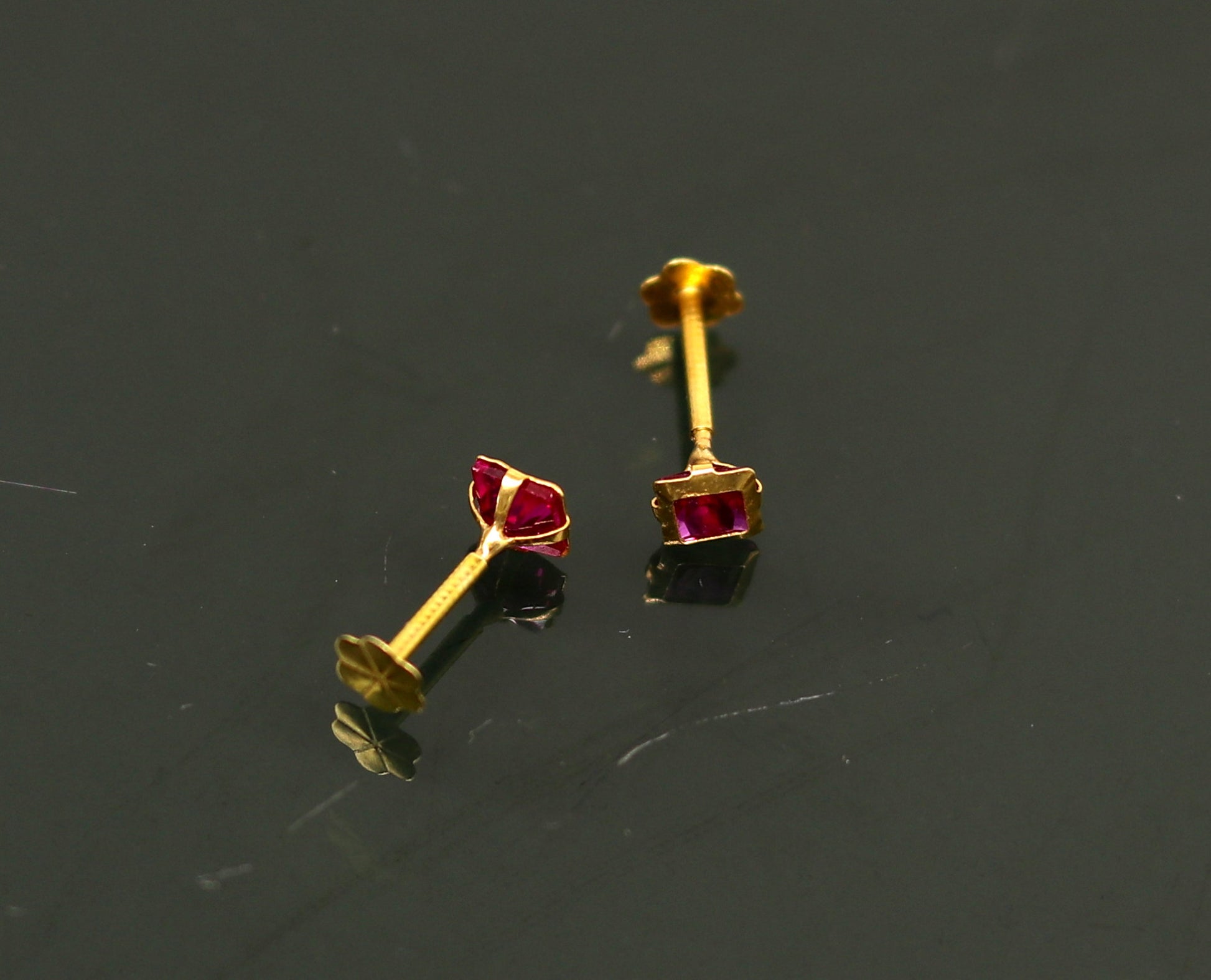 3.5mm tiny single red stone handmade 18kt yellow gold combo jewelry we can use as stud or nose stud , baby stud cartilage jewelry er109 - TRIBAL ORNAMENTS