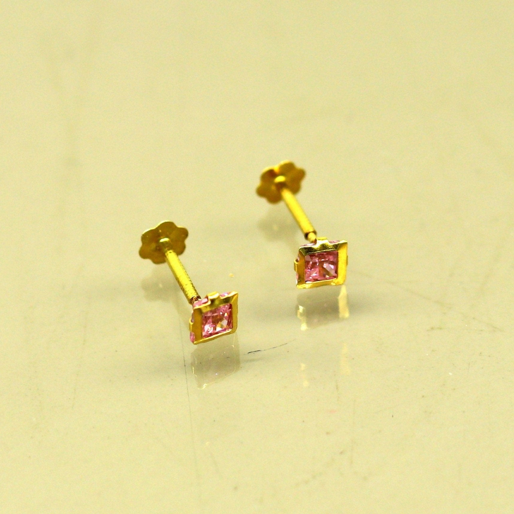 3mm tiny single pink stone handmade 18kt yellow gold combo jewelry we can use as stud or nose stud , baby stud cartilage jewelry er111 - TRIBAL ORNAMENTS