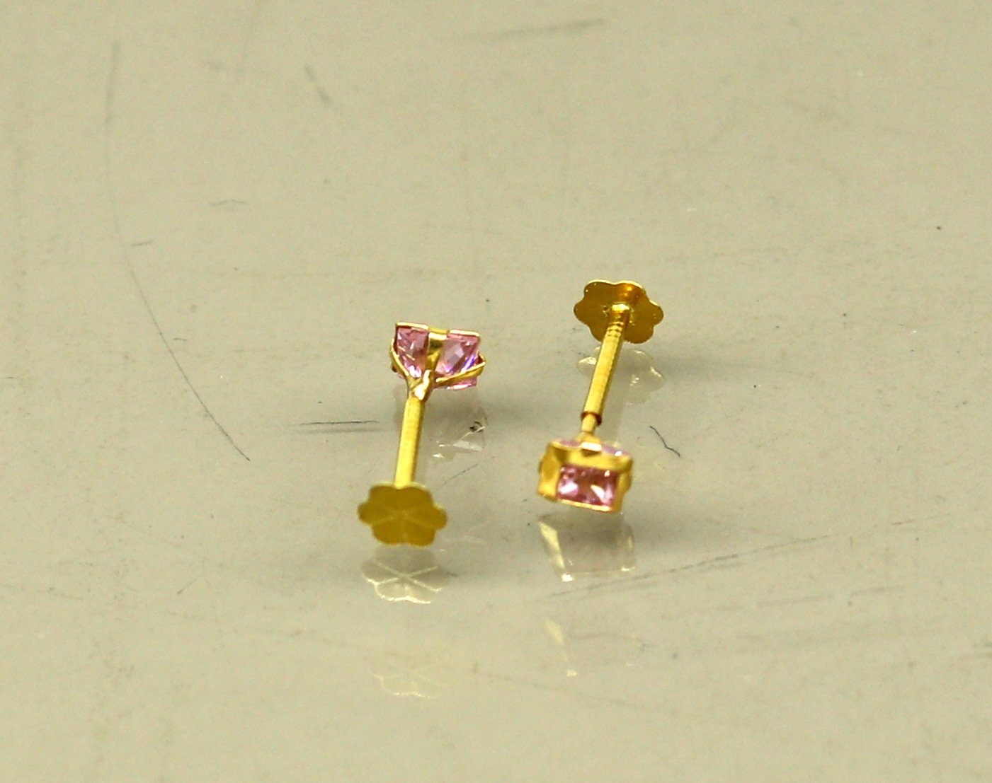 3mm tiny single pink stone handmade 18kt yellow gold combo jewelry we can use as stud or nose stud , baby stud cartilage jewelry er111 - TRIBAL ORNAMENTS