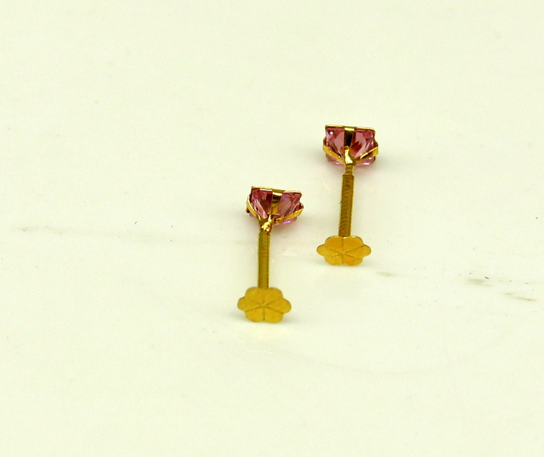 3mm tiny single pink stone handmade 18kt yellow gold combo jewelry we can use as stud or nose stud , baby stud cartilage jewelry er111 - TRIBAL ORNAMENTS