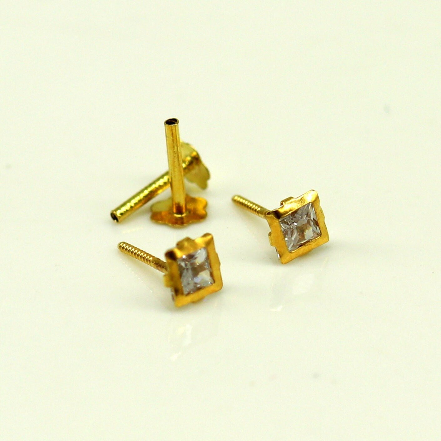 3.5mm or 4mm tiny single stone handmade 18kt yellow gold combo jewelry ear stud or nose stud , baby stud cartilage jewelry er112 - TRIBAL ORNAMENTS