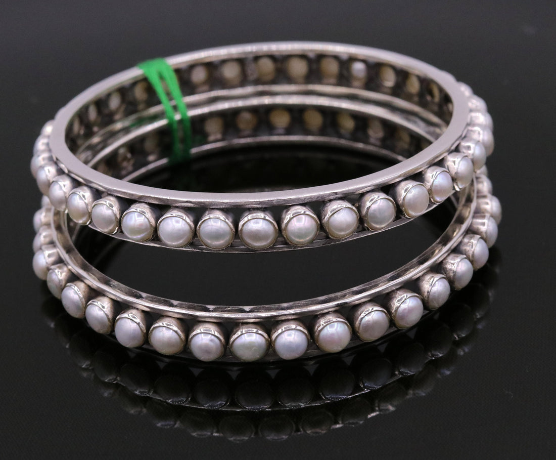 925 sterling silver gorgeous pearl bangle bracelet, fabulous oxidized customized bridal made gifting single bangle jewelry from india ba53 - TRIBAL ORNAMENTS