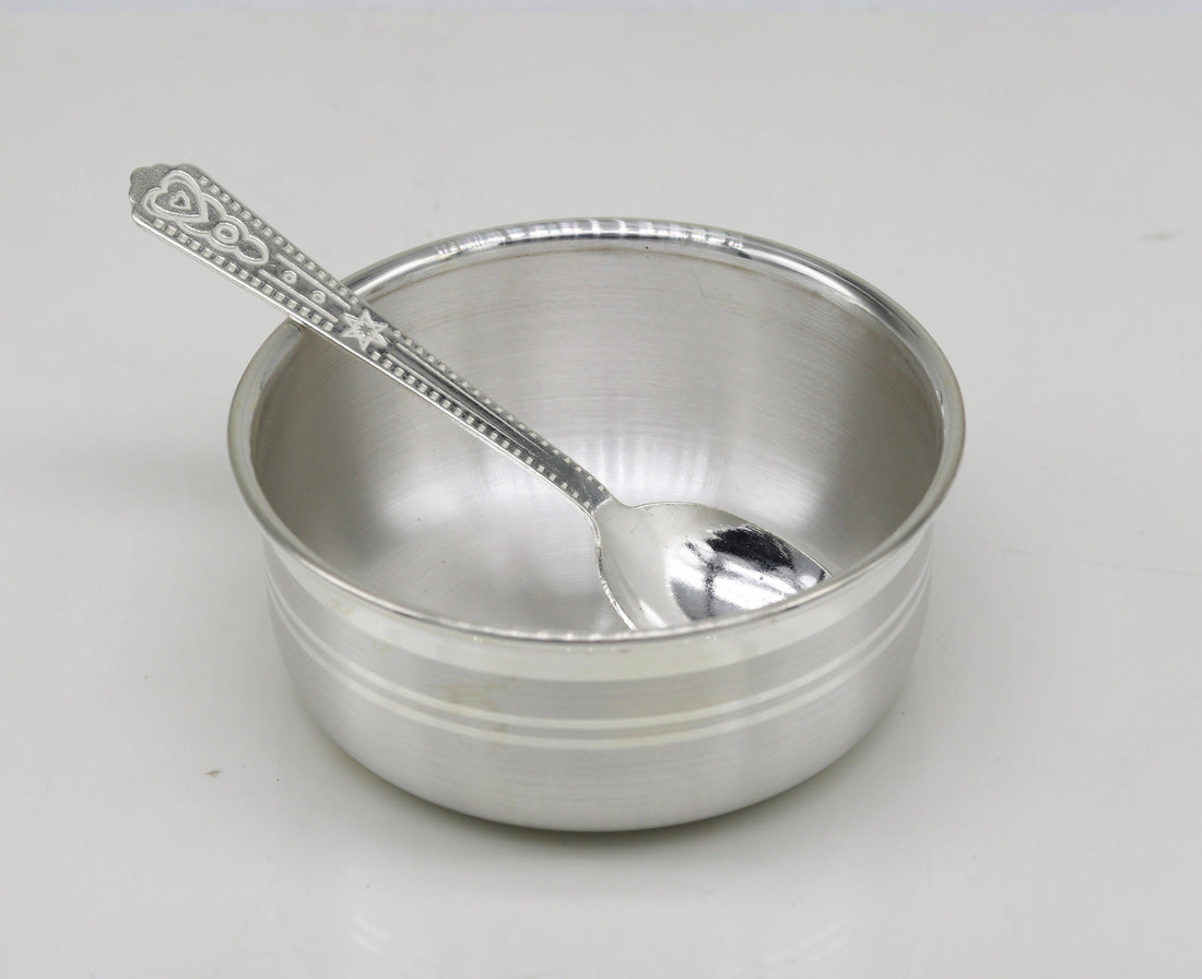 999 pure fine silver handmade silver bowl and spoon set, silver has antibacterial properties,stay baby/kids healthy, silver vessels sv42 - TRIBAL ORNAMENTS