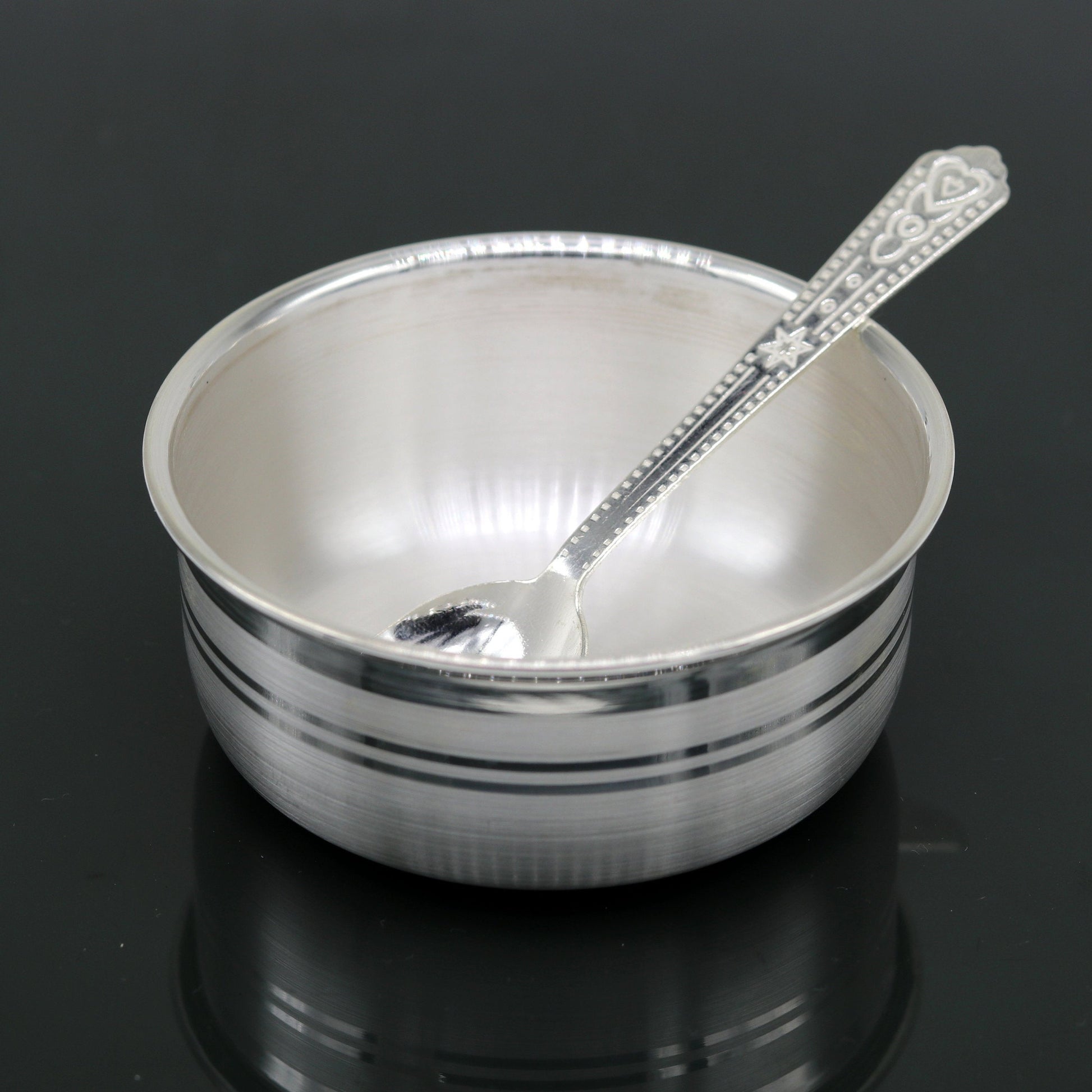 999 pure fine silver handmade silver bowl and spoon set, kitchen and dining utensils stay baby/kids healthy, silver puja utensils sv177 - TRIBAL ORNAMENTS