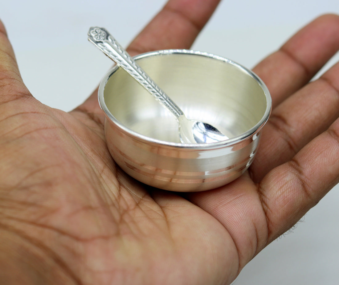 999 fine silver handmade small baby bowl and spoon set, silver tumbler, flask, stay baby/kids healthy, silver vessels utensils sv47 - TRIBAL ORNAMENTS