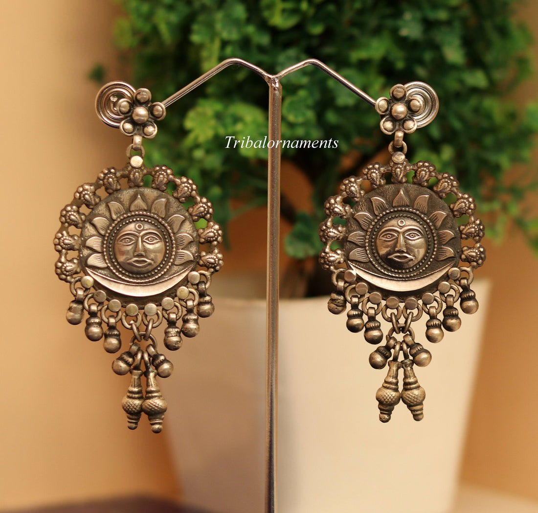 Vintage sun design 925 sterling silver drop dangling bells stud earrings customized jewelry bridesmaid gifting girl's tribal jewelry s351 - TRIBAL ORNAMENTS