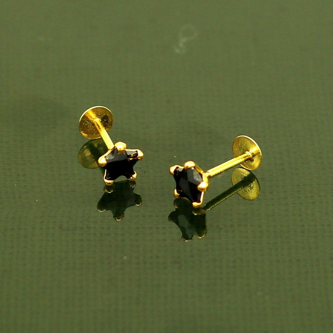 4.5 mm single black stone 18 kt yellow gold handmade star shape design fabulous screw back stud earring use as nose pin unisex jewelry er117 - TRIBAL ORNAMENTS