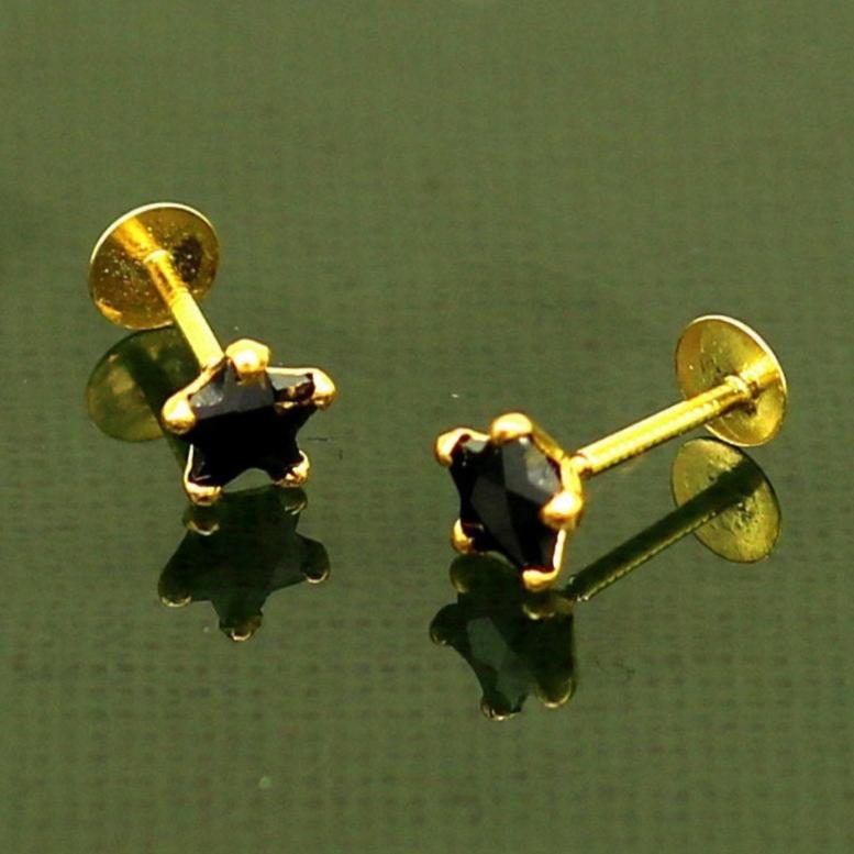 4 mm single black stone 18 kt yellow gold handmade star shape design fabulous screw back stud earring use as nose pin unisex jewelry er118 - TRIBAL ORNAMENTS