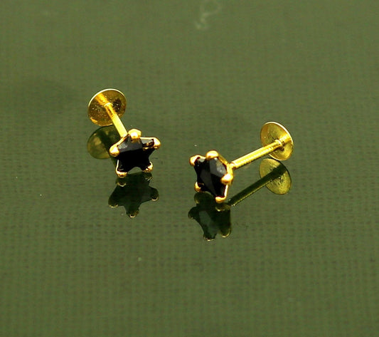 4 mm single black stone 18 kt yellow gold handmade star shape design fabulous screw back stud earring use as nose pin unisex jewelry er118 - TRIBAL ORNAMENTS