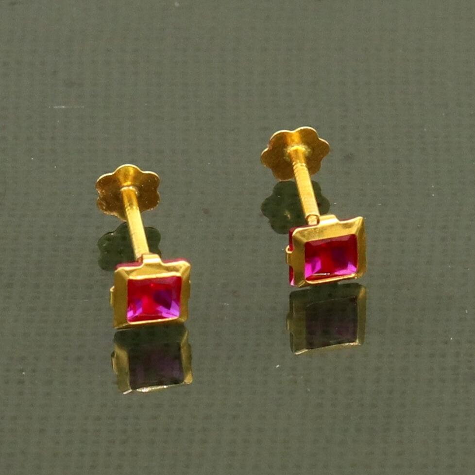 3MM/3.5/4mm single red stone 18kt yellow gold handmade square shape fabulous screw back stud earring or nose in unisex jewelry er122 - TRIBAL ORNAMENTS