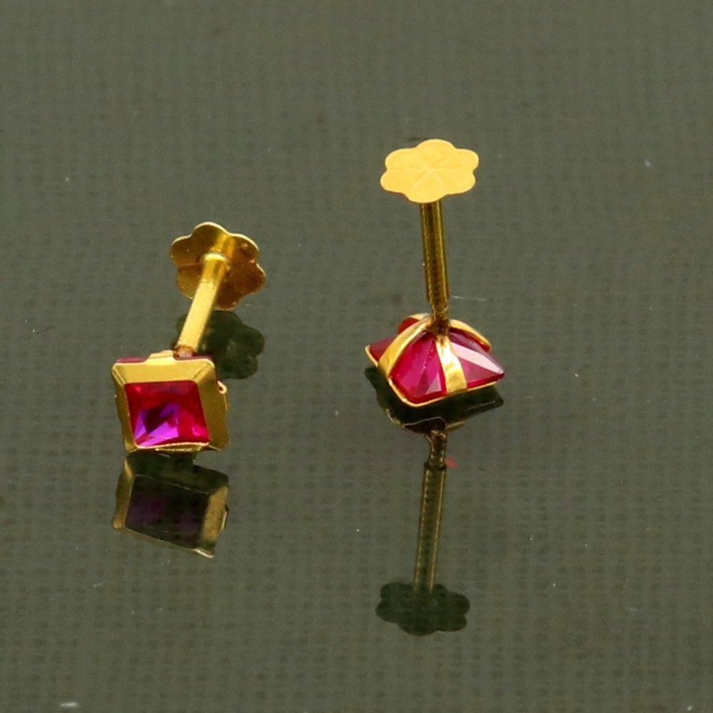 3MM/3.5/4mm single red stone 18kt yellow gold handmade square shape fabulous screw back stud earring or nose in unisex jewelry er122 - TRIBAL ORNAMENTS