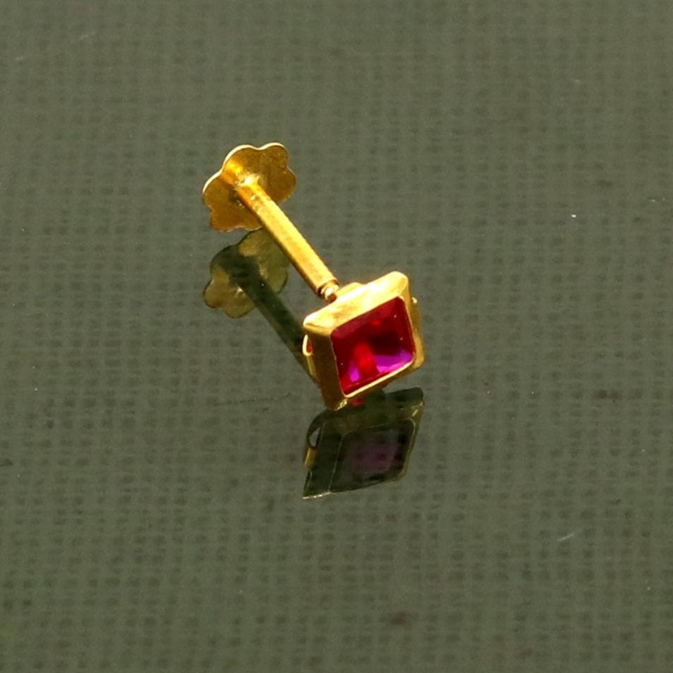 3MM/3.5/4mm single red stone 18kt yellow gold handmade square shape fabulous screw back stud earring or nose in unisex jewelry er122 - TRIBAL ORNAMENTS