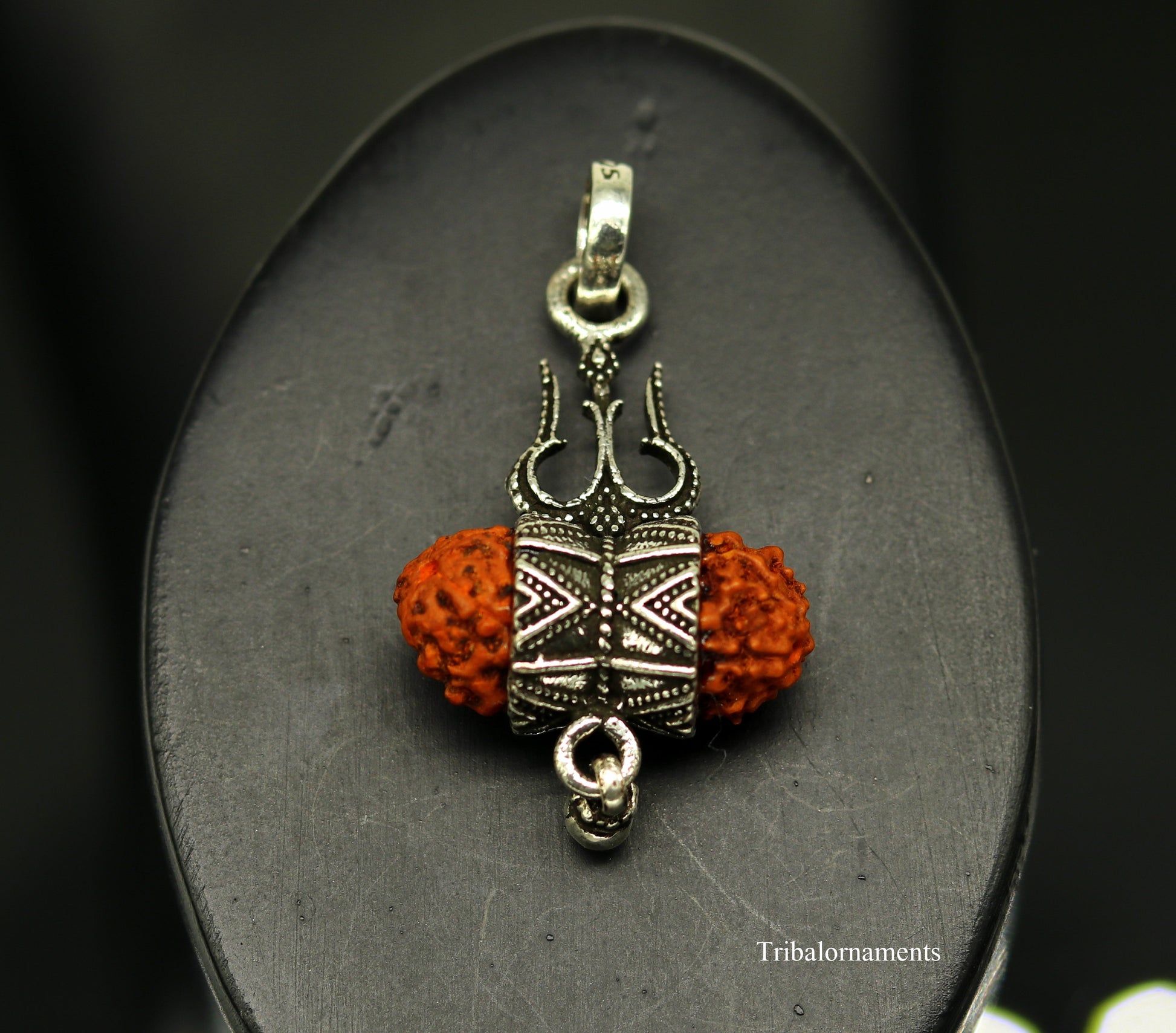 925 sterling silver handmade fabulous natural rudraksh lord shiva trident shape vintage design pendant with hanging drops jewelry nsp377 - TRIBAL ORNAMENTS