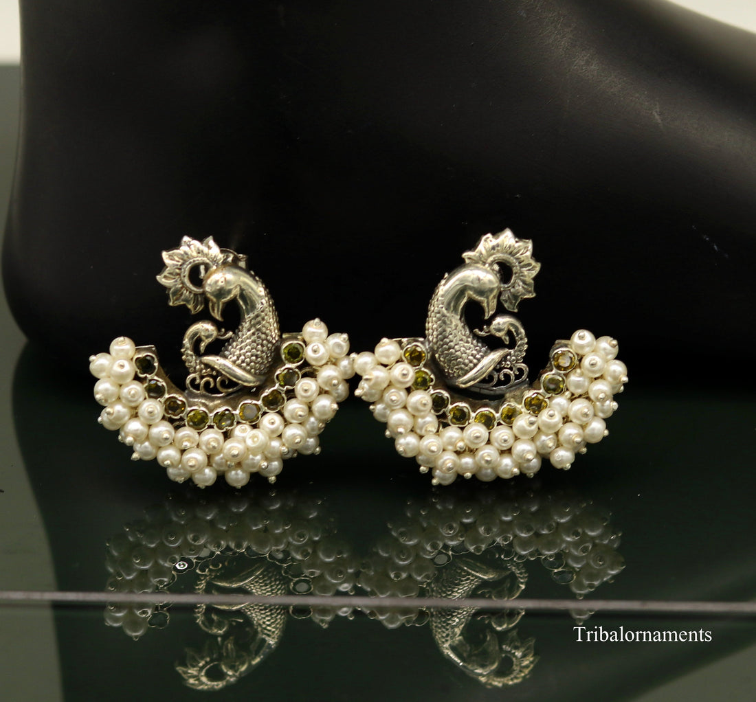 925 sterling silver handmade gorgeous peacock design stud earring with gorgeous pearl stone customized earring tribal jewelry s860 - TRIBAL ORNAMENTS