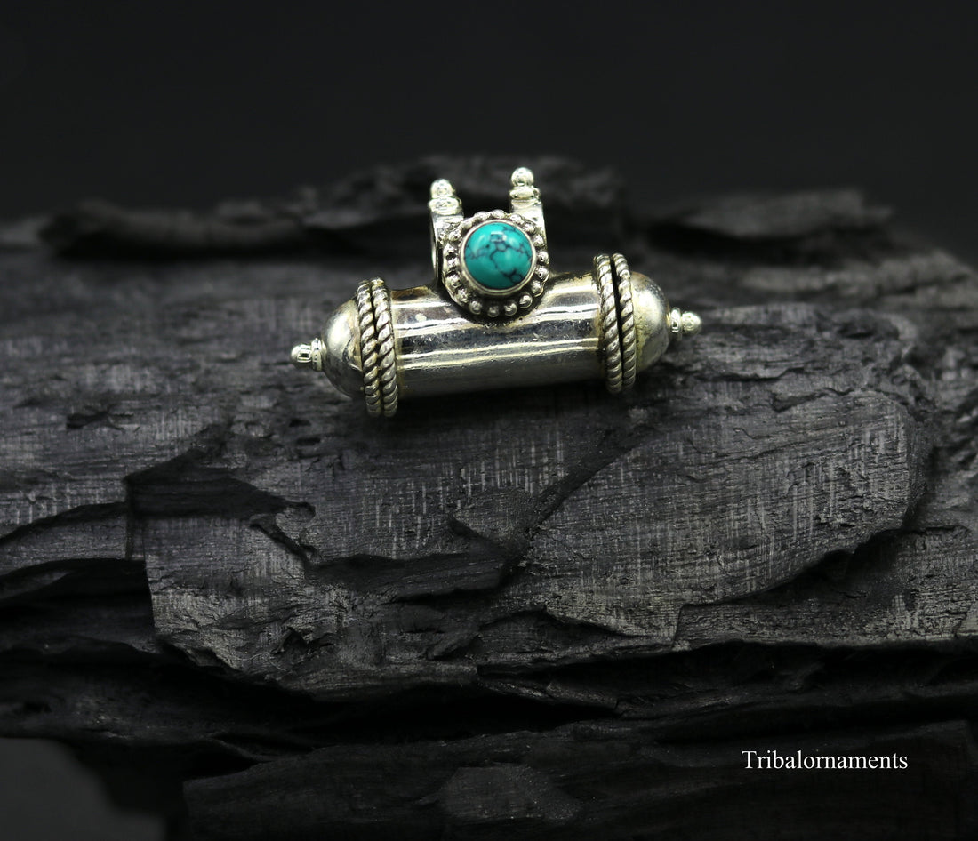 925 sterling silver handmade gorgeous blue turquoise stone handmade box amulet pendant, container pendant unisex jewelry india nsp389 - TRIBAL ORNAMENTS