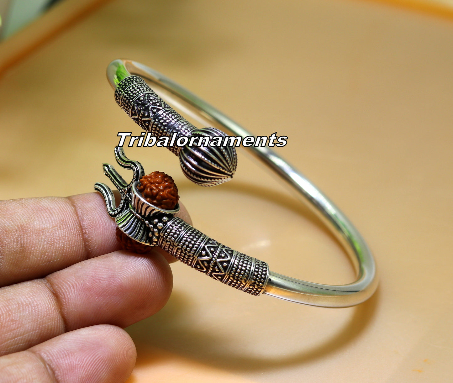 Rudraksha beads Handcrafted 925 sterling silver bangle bracelet kada excellent Lord shiva trident customized jewelry,gifting unisex nsk241 - TRIBAL ORNAMENTS