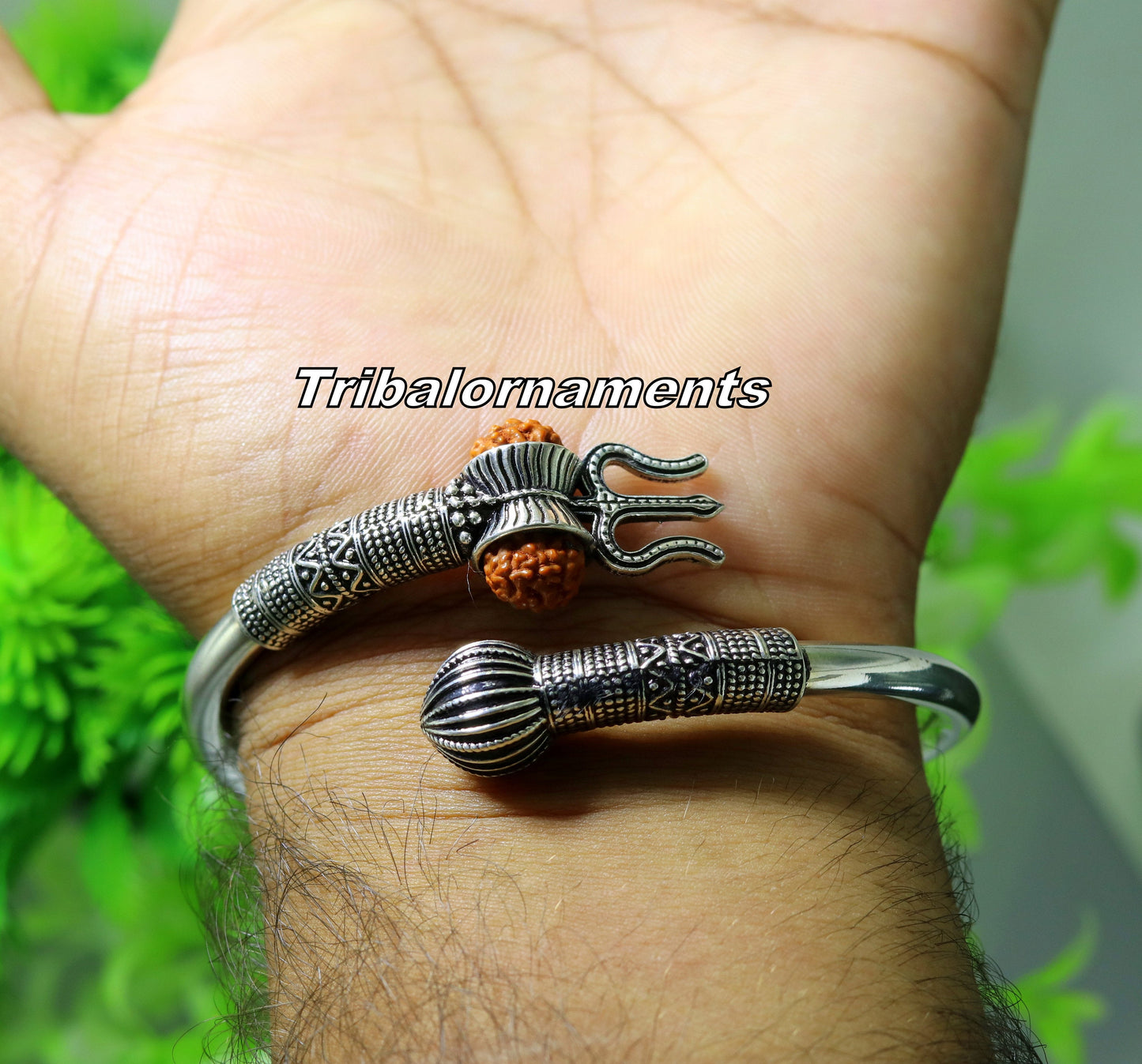 Rudraksha beads Handcrafted 925 sterling silver bangle bracelet kada excellent Lord shiva trident customized jewelry,gifting unisex nsk241 - TRIBAL ORNAMENTS