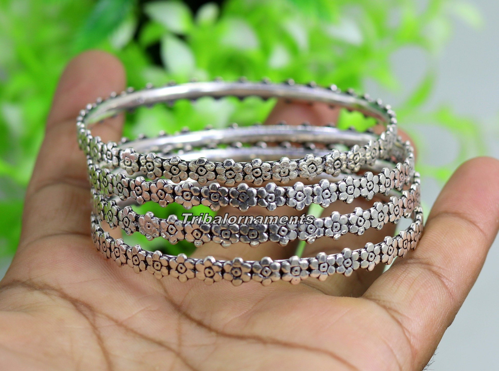 Vintage flower design handmade 925 sterling silver bangle bracelet fabulous oxidized belly dance jewelry kangan set tribal jewelry ba65 - TRIBAL ORNAMENTS