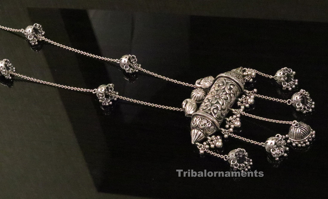 32" long handmade 925 sterling silver gorgeous necklace bridal queen made charm necklace pretty chandelier jhumki style jewelry set116 - TRIBAL ORNAMENTS