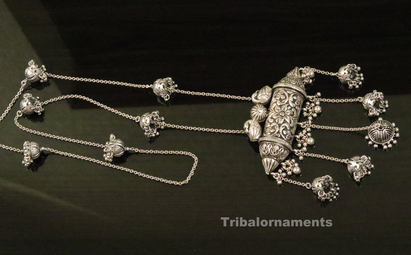 32" long handmade 925 sterling silver gorgeous necklace bridal queen made charm necklace pretty chandelier jhumki style jewelry set116 - TRIBAL ORNAMENTS