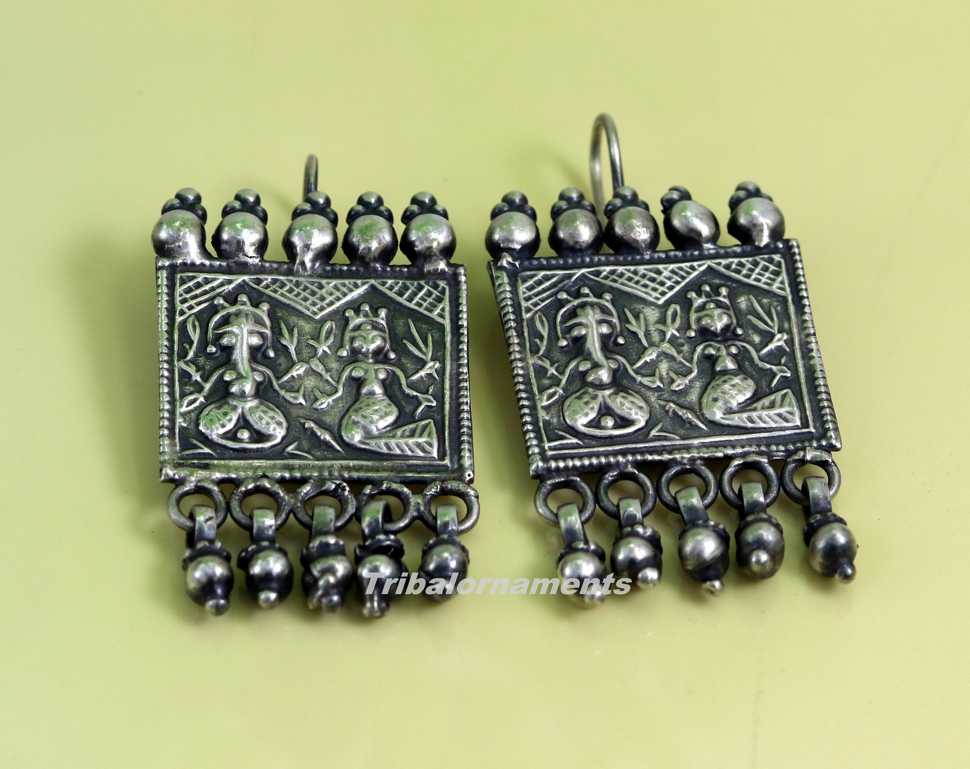925 sterling silver handmade vintage tribal deity design excellent customized hoops earring with gorgeous hanging drops tribal earrings s829 - TRIBAL ORNAMENTS