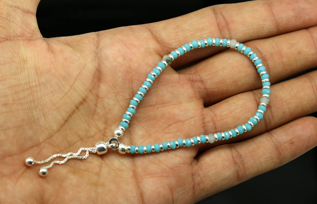 7" long 925 sterling silver gorgeous blue quartz beaded bracelet, charm bracelet, customized bracelet adjustable girl's jewelry sbr161 - TRIBAL ORNAMENTS