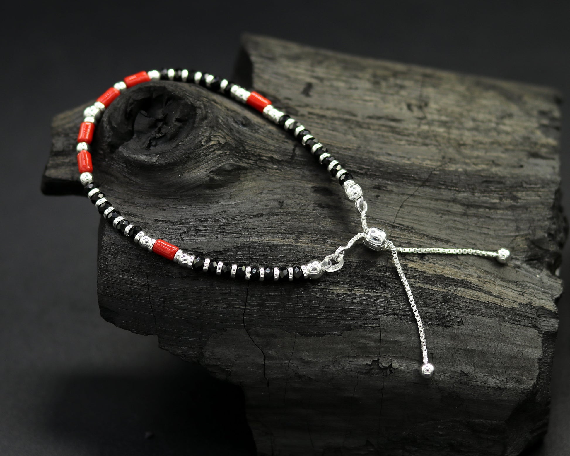 7 inches long handmade 925 sterling silver fabulous silver beads, black and red beads stone charm adjustable customized bracelet sbr167 - TRIBAL ORNAMENTS