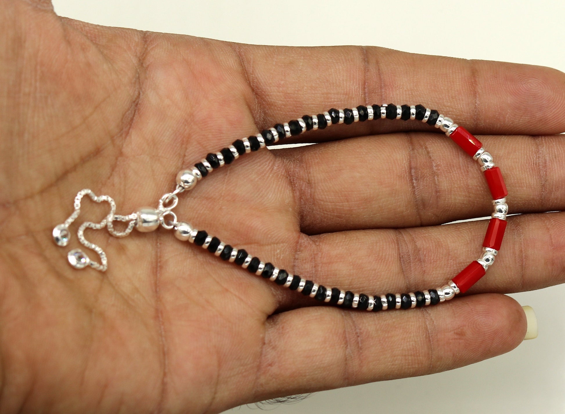 7 inches long handmade 925 sterling silver fabulous silver beads, red and black stone charm adjustable customized bracelet for girl's sbr169 - TRIBAL ORNAMENTS