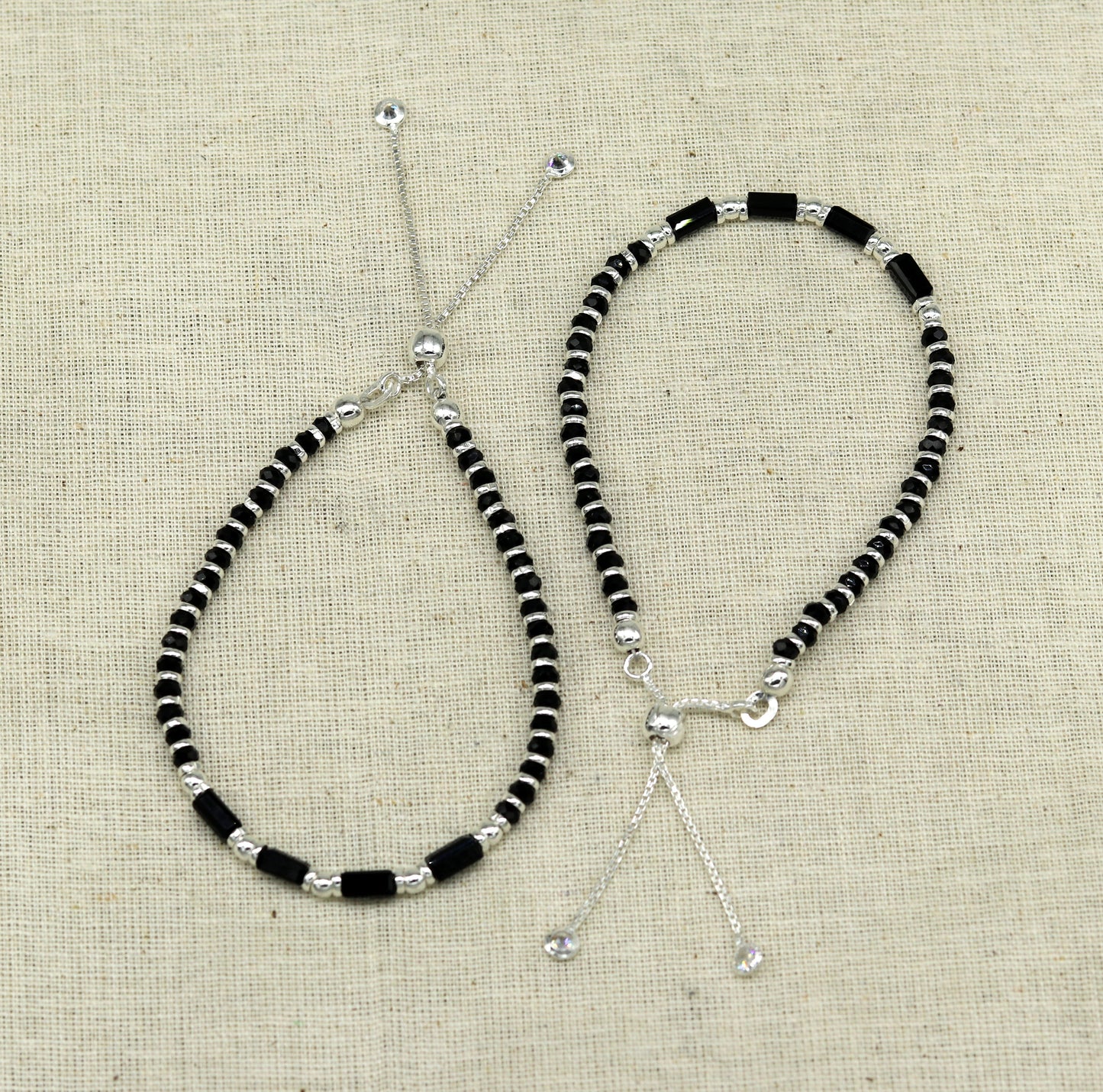 7 inches long handmade 925 sterling silver fabulous silver beads, black stone charm adjustable customized single bracelet for girl's gifting sbr170 - TRIBAL ORNAMENTS
