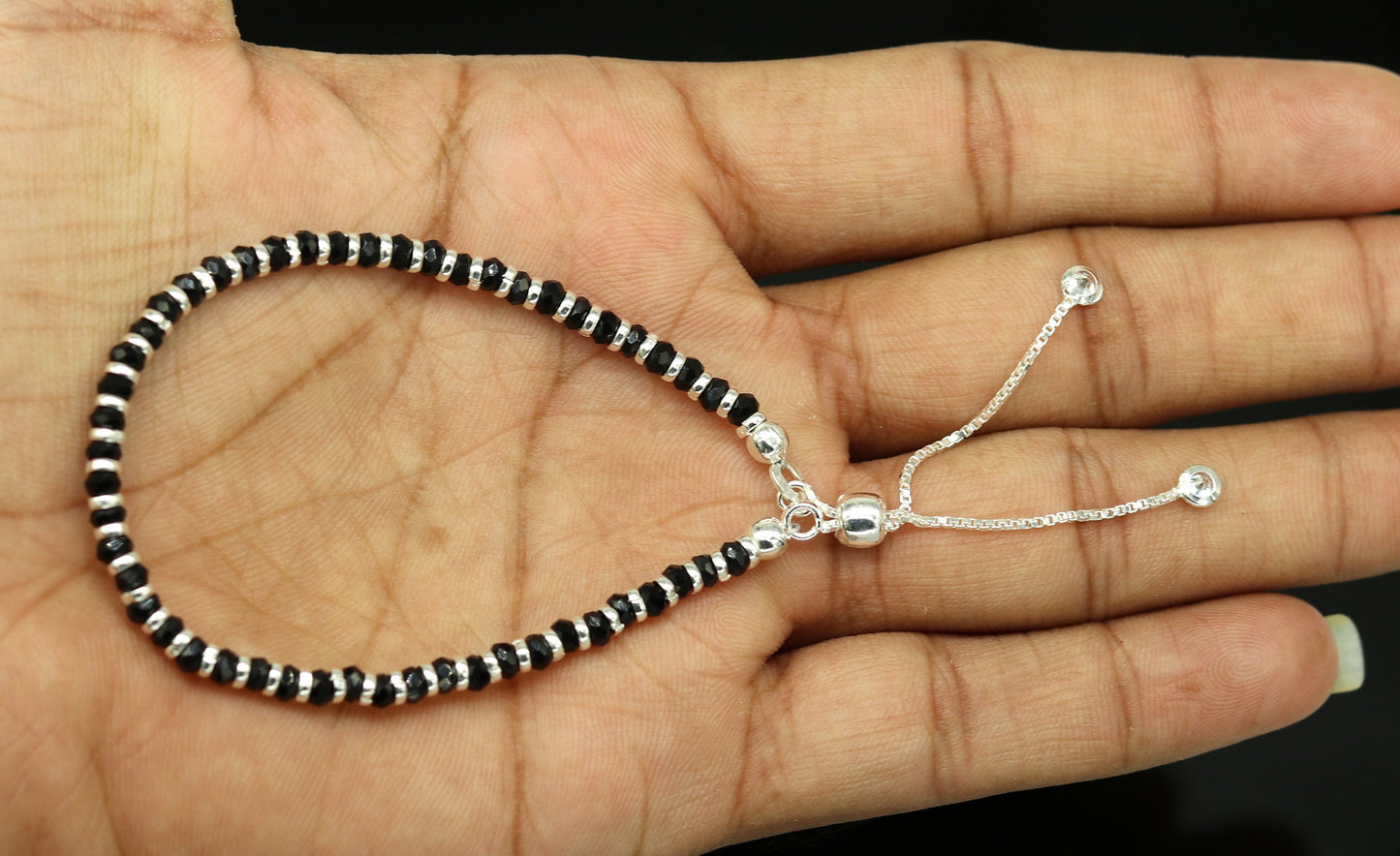 7 inches long handmade 925 sterling silver fabulous silver beads, black stone charm adjustable customized bracelet for girl's gifting sbr171 - TRIBAL ORNAMENTS