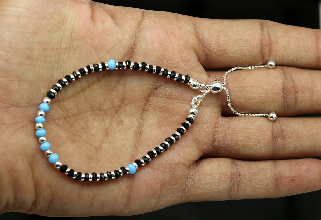 7 inches long handmade 925 sterling silver fabulous silver beads, blue stone charm adjustable customized bracelet for girl's gifting sbr172 - TRIBAL ORNAMENTS