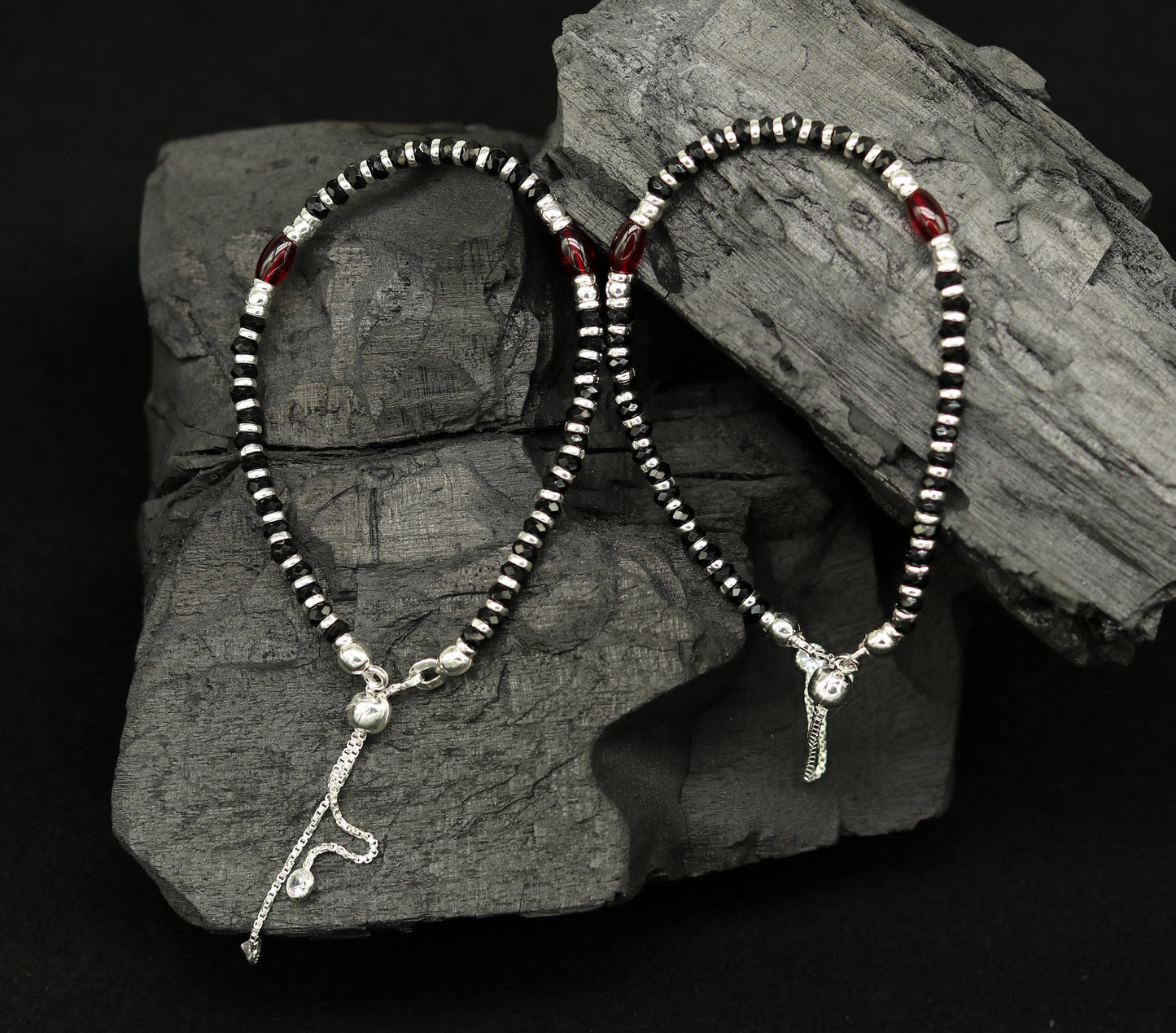 7 inches long handmade 925 sterling silver fabulous silver beads, black stone adjustable customized charm bracelet for girl's gifting sbr173 - TRIBAL ORNAMENTS