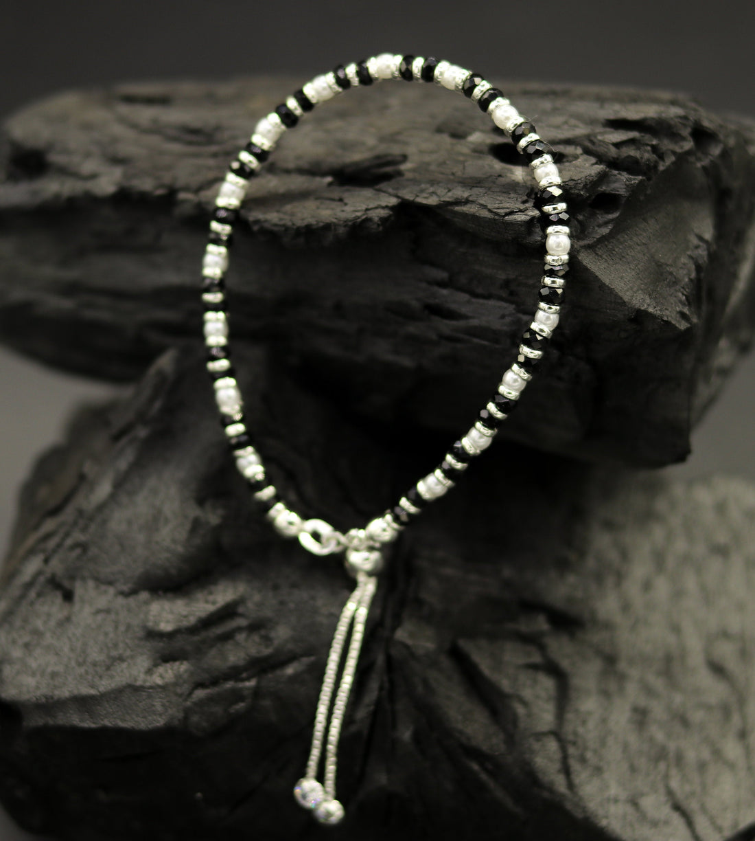 925 sterling silver handmade silver beads and black beads bracelet , pretty charm bracelet, customized beaded jewelry for girls sbr176 - TRIBAL ORNAMENTS