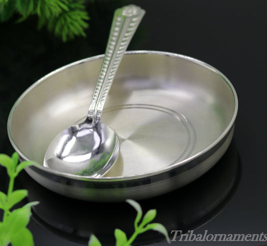 Handmade 999 fine solid silver plate tray for baby food, pure silver vessels, silver utensils, home and kitchen accessories sv26 - TRIBAL ORNAMENTS