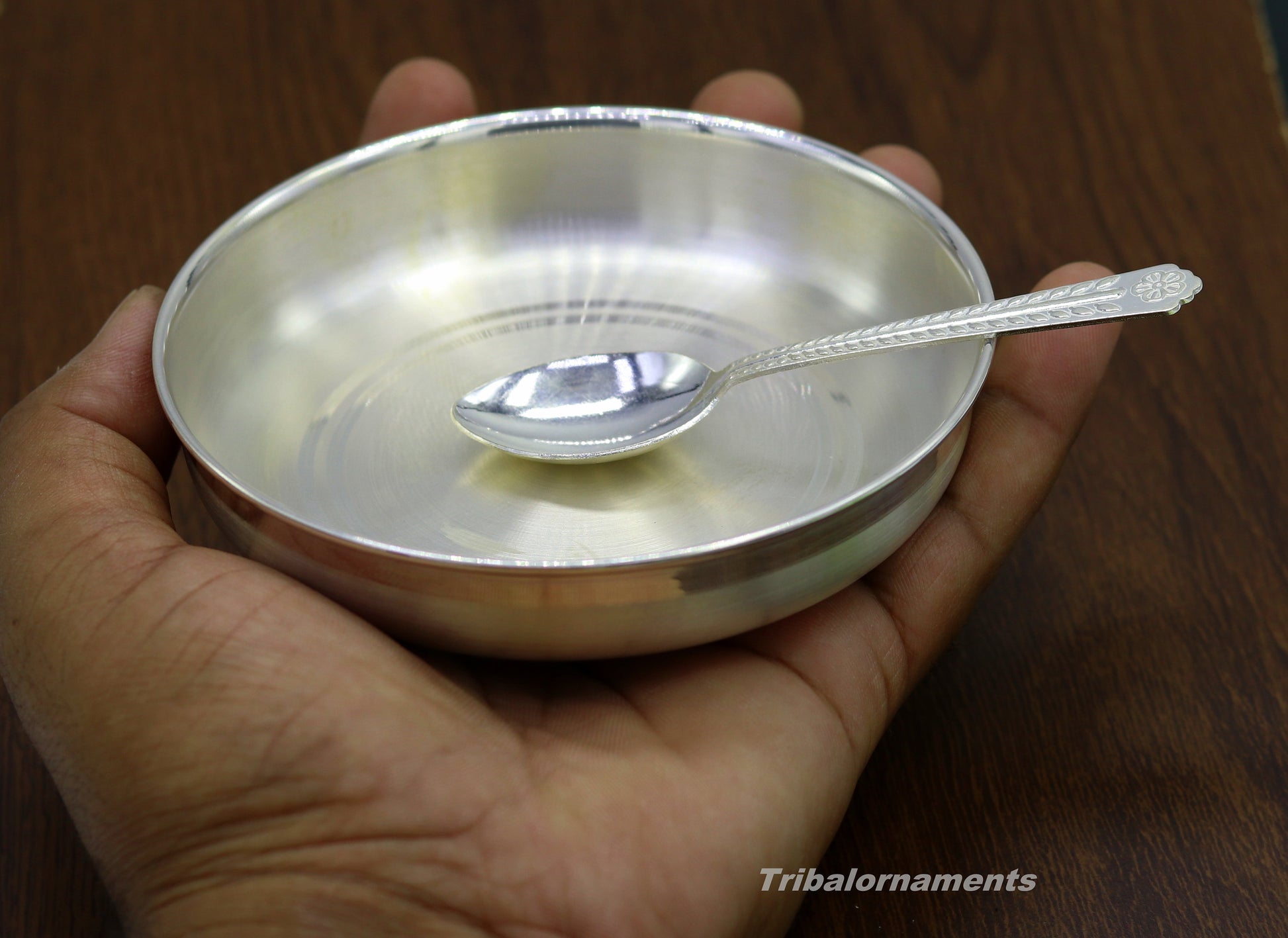 Pure 999 solid fine silver handmade palate or tray with spoon, excellent serving to baby kids food milk, silver utensils, vessels sv32 - TRIBAL ORNAMENTS