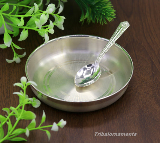 Pure 999 solid fine silver handmade palate or tray with spoon, excellent serving to baby kids food milk, silver utensils, vessels sv32 - TRIBAL ORNAMENTS