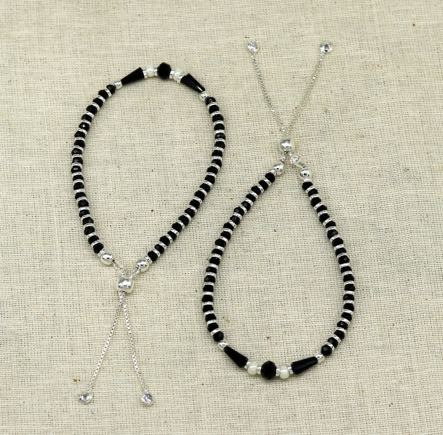 925 sterling silver beaded with black onyx stone handmade charm adjustable bracelet 'Nazariya' excellent charm jewelry for girls sbr178 - TRIBAL ORNAMENTS