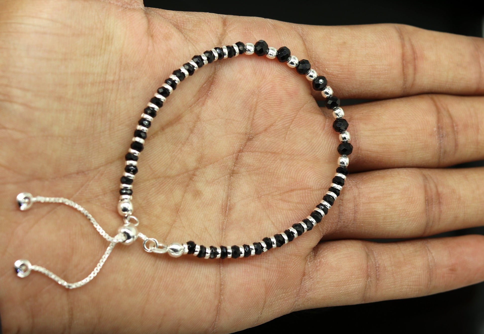Stylish 925 sterling silver beaded with black onyx stone handmade charm adjustable bracelet 'Nazariya' charm jewelry for girls sbr181 - TRIBAL ORNAMENTS